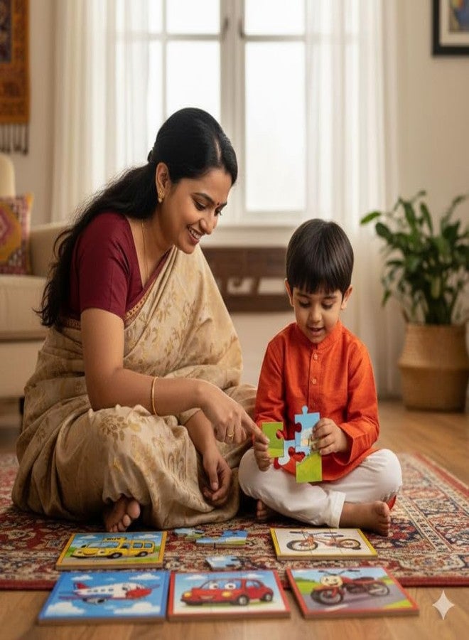 Erh India مجموعة ألغاز تركيب الصور (بازل) من 6 قطع من إنتاج ERH India، مناسبة للأطفال من عمر 4 إلى 8 سنوات، تعليمية وتدريبية، تتضمن سيارات، حافلات، طائرات، سفن، دراجات هوائية ونارية. تتضمن المجموعة ألغاز تركيب صور لوسائل النقل مثل السيارات، الحافلات، الطائرات، السفن، الدراجات الهوائية والنارية. - Image 5